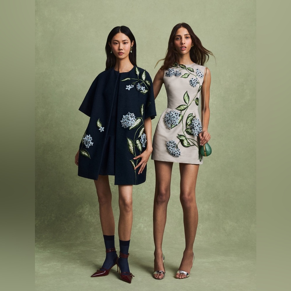 Oscar de la Renta Navy and Cream Floral Mini Dresses